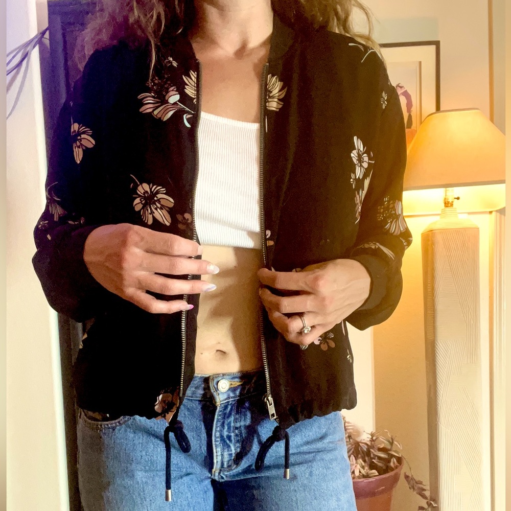 Black Floral Zip Up Bomber Jacket